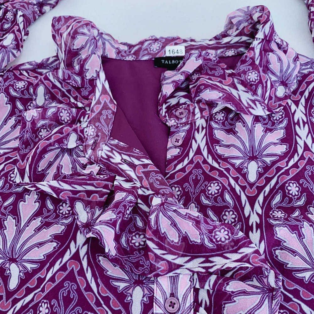 Talbots Blouse Women L Purple Floral Ruffle Neck Long Sleeve Button Front Top - Picture 5 of 10